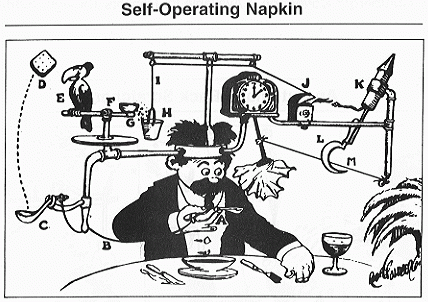 Rube Goldberg's self-operating napkin, involving a Toucan, a scale, a
lighter, a skyrocket, a sickle, and a pendulum, among other
things